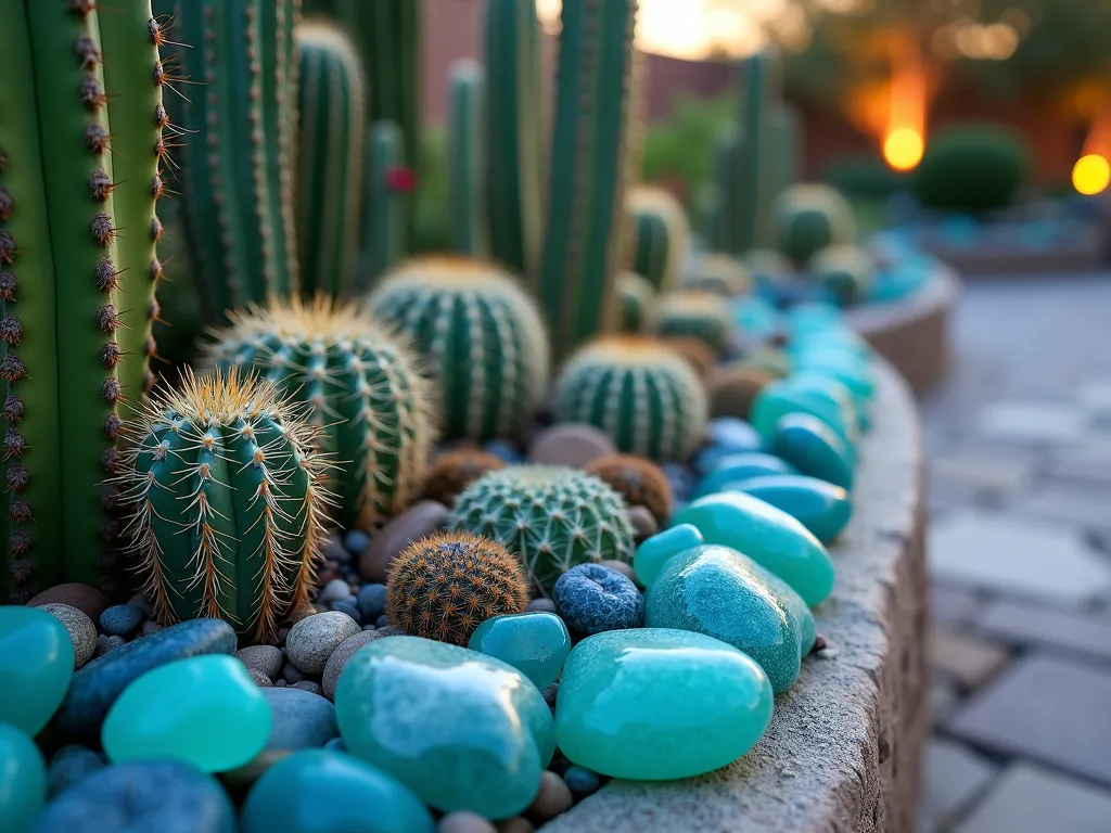 Beach Glass and Cactus Border Garden at Dusk - A close-up, professionally photographed garden scene at dusk, featuring an artfully arranged collection of small desert cacti bordered by a stunning array of sea-weathered beach glass in turquoise, cobalt blue, and seafoam green colors. The frosted glass pieces catch the warm evening light, creating a magical contrast against the architectural forms of various barrel cacti, echeveria, and small prickly pear specimens. Shot with a shallow depth of field highlighting the interplay between the smooth, translucent glass and the sharp, defensive spines of the cacti. Natural stone pavers visible in the background, with subtle landscape lighting creating soft shadows and depth. Photographed with a digital camera, 16-35mm lens at f/2.8, ISO 400, capturing the rich textures and subtle evening light.