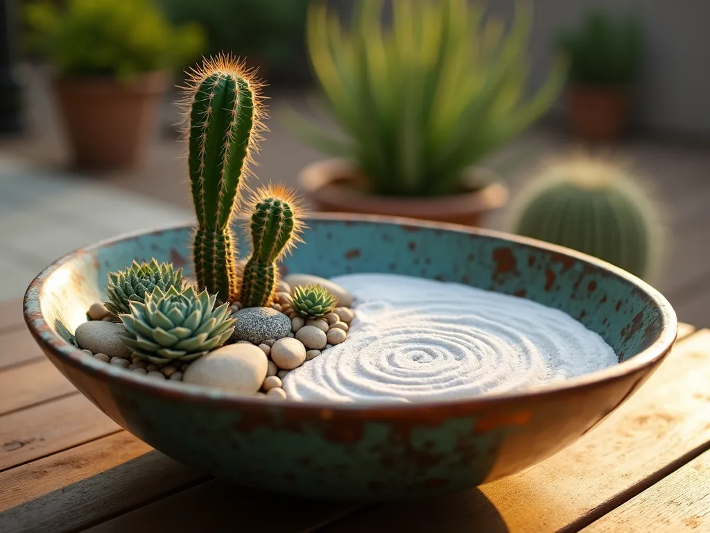 Copper Bowl Zen Cactus Garden - A close-up shot of a weathered copper bowl containing a miniature desert zen garden, photographed during golden hour. The bowl features an array of small cacti including barrel cactus and echeveria arranged thoughtfully among smooth river stones. Fine white sand is delicately raked in concentric circles around the plants, creating mesmerizing patterns. Soft, warm sunlight catches the copper's green-blue patina, while casting gentle shadows across the sand's surface. The bowl sits on a modern wooden deck, with a blurred garden background. Shot with shallow depth of field focusing on the intricate sand patterns and cacti details. 16-35mm lens at f/2.8, ISO 400.