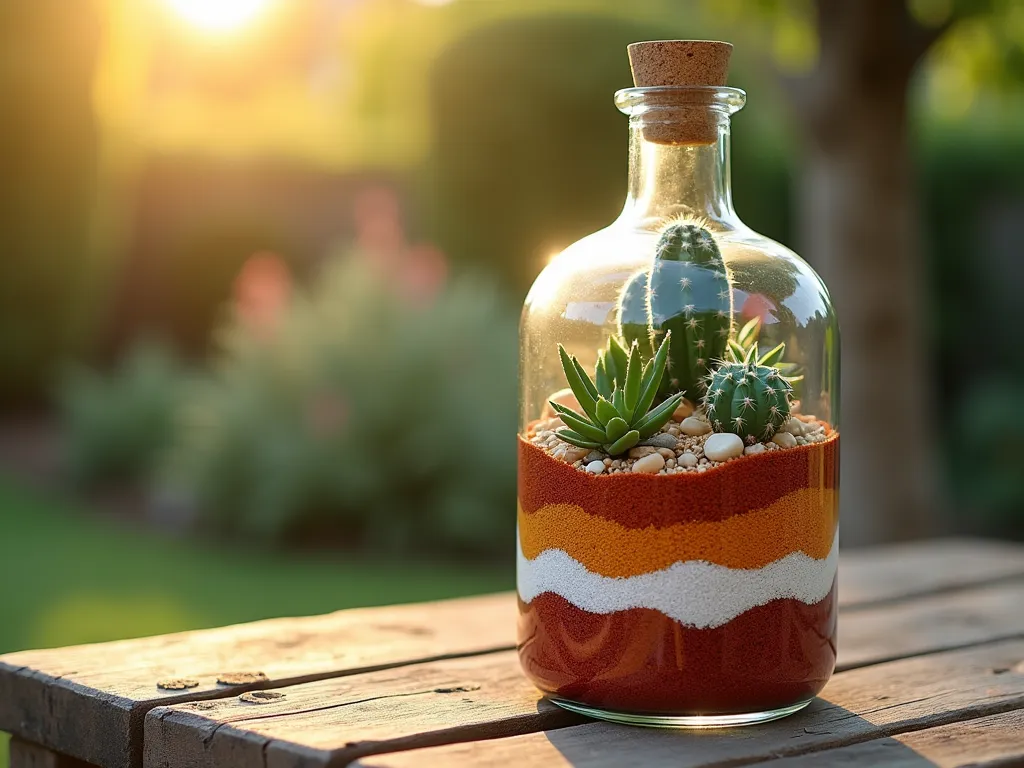 Artisanal Desert Bottle Garden - Close-up shot of an elegantly crafted glass terrarium bottle garden on a rustic wooden patio table, backlit by golden hour sunlight. The bottle features perfectly layered bands of rust-red, ochre, and white sand creating a mesmerizing desert landscape effect. Miniature barrel cacti and echeveria succulents emerge from the sandy layers, their silhouettes casting delicate shadows through the curved glass. Crystal-clear glass reveals intricate root systems within the layers, while small desert stones and pebbles add natural texture. Soft bokeh effect in background shows glimpses of a larger garden setting, shot with shallow depth of field to emphasize the bottle's detailed ecosystem. DSLR, f/8, ISO 100, 1/125, natural lighting, wide-angle lens with macro capability.