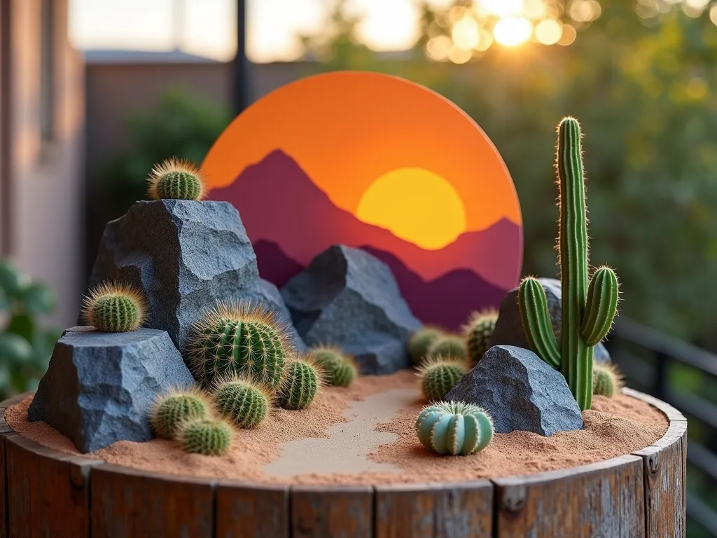 Desert Mountain Cactus Diorama at Sunset - A stunning DSLR wide-angle photograph of a miniature desert mountain diorama in a stylish modern patio corner, captured during golden hour. Multi-leveled slate and sandstone rocks create a dramatic mountainous backdrop, while carefully arranged small cacti including barrel cacti, echeveria, and mammillaria dot the landscape. A hand-painted desert sunset backdrop in vibrant oranges and purples complements the scene, while artistically layered colored sand creates depth and perspective. The diorama is elegantly displayed on a weathered wooden pedestal, with soft ambient patio lighting highlighting the textures of both rocks and cacti. Professional photography at f/8, ISO 100, capturing the intricate details of the miniature landscape with perfect depth of field.