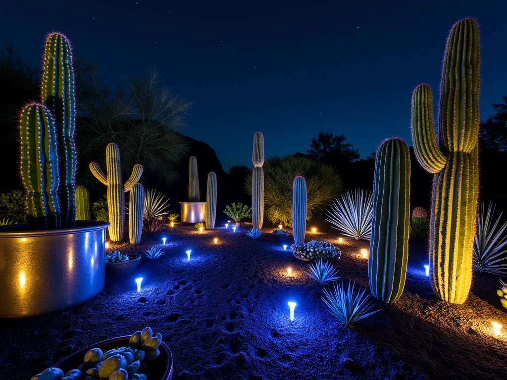 Desert Night Sky Cactus Garden - A stunning nighttime photograph of a small desert-style garden featuring various cacti silhouettes against a starlit backdrop. The garden bed is filled with black volcanic sand, dotted with small blue LED lights creating a constellation effect. Metallic copper and silver wind sculptures catch moonlight between barrel cacti and tall saguaro specimens. Tiny glow-in-the-dark stones create paths through the garden, while strategically placed uplighting casts dramatic shadows of prickly pear and echeveria clusters. The scene is photographed from a low angle, with the dark sky visible above, captured using long exposure to show stars twinkling through the desert arrangement. The composition includes metallic planters reflecting ambient light, creating a magical, otherworldly atmosphere in this intimate garden space.