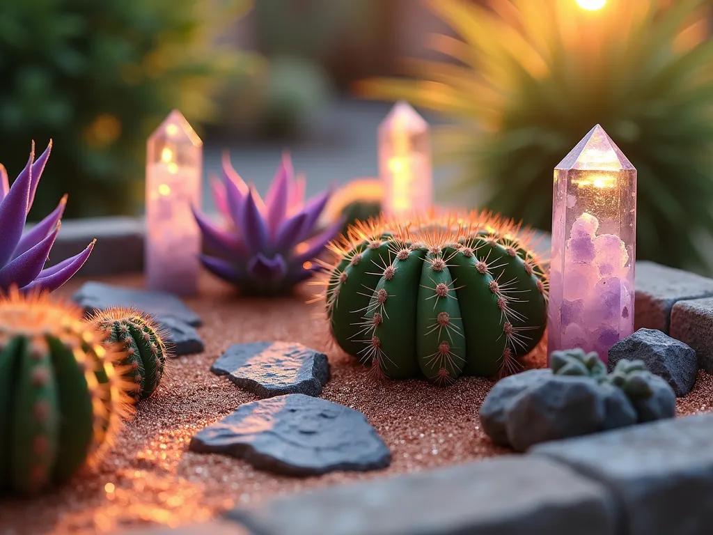 Ethereal Desert Crystal Cactus Garden - A close-up, magic-hour shot of an artfully arranged small outdoor cactus garden featuring a mesmerizing blend of miniature cacti and crystalline elements. The centerpiece shows an elegant cluster of barrel cacti and echeveria surrounded by large, raw amethyst crystals and clear quartz points emerging from a bed of iridescent copper-toned sand. Golden sunset light filters through the scene, creating prismatic reflections through the crystals onto the cacti spines. Desert rose formations are strategically placed between small golden barrel cacti and blue torch cacti, while metallic rose gold sand creates subtle pathways between the elements. The composition is photographed from a slightly elevated angle to capture the interplay of light and texture, with a shallow depth of field that softly blurs the natural stone border in the background. Atmospheric lighting casts long shadows and creates a mystical, otherworldly ambiance in this corner garden display.