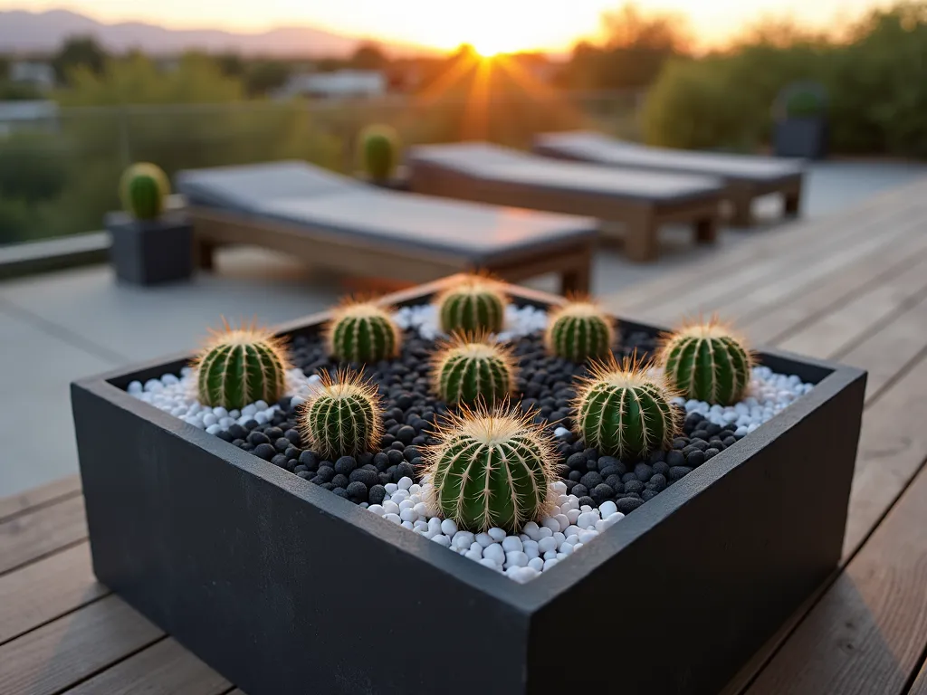 Modern Geometric Cactus Garden Display - Close-up shot of a sleek, square black concrete planter at golden hour, featuring a meticulously arranged geometric pattern of small cacti. The cacti, varying in heights from 3-6 inches, are positioned in a perfect grid formation. Between them, decorative gravels in alternating white and charcoal create striking diamond patterns. The succulent arrangement includes barrel cacti, star cacti, and mammillaria, their spines catching the warm evening light. The planter sits on a modern wooden deck with minimalist furniture visible in the soft-focused background. Shot with shallow depth of field highlighting the textural contrast between the smooth stones and spiky cacti. A hint of desert mountains appears in the distant horizon.