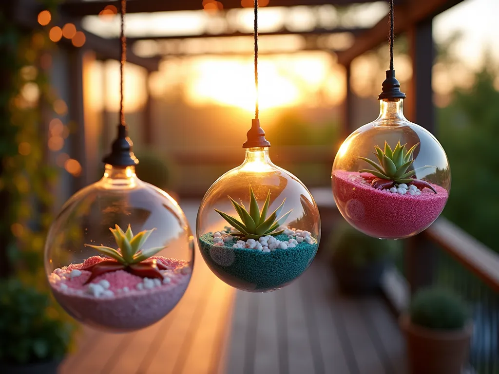 Sunset Floating Cactus Globe Garden - A close-up photograph of three illuminated glass globe terrariums hanging at different heights against a warm sunset backdrop. The spherical vessels contain perfectly layered rainbow-colored sand and small white rocks, showcasing miniature Mammillaria gracilis, Echeveria minima, and Haworthia cooperi succulents. Soft golden hour light filters through the glass, creating ethereal prismatic effects on a modern wooden deck. Shot with shallow depth of field focusing on the central globe, with the others slightly blurred. The background reveals partial views of string lights and climbing vines on a pergola.