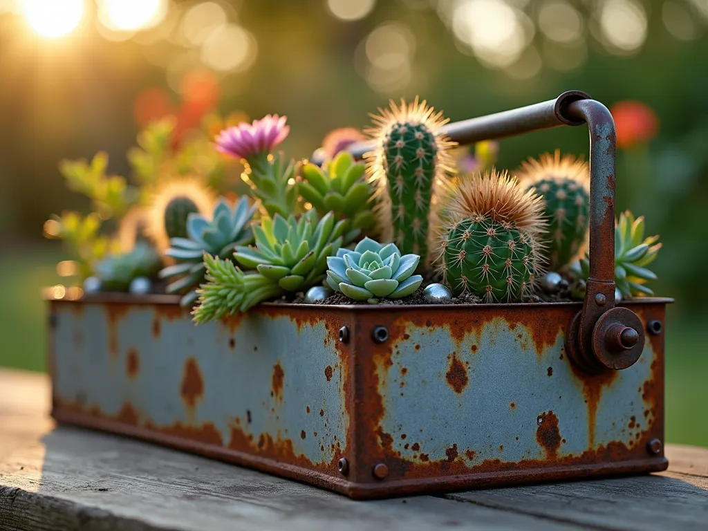 Rustic Industrial Cactus Box Display - Close-up shot of a weathered metal toolbox planter at golden hour, showcasing a artfully arranged collection of small cacti and succulents. The vintage industrial container features rusted patina and worn edges, filled with a mix of barrel cacti, echeveria, and prickly pear. Decorative copper wire wraps around some specimens, while small steel balls nestle between plants. Soft evening sunlight casts long shadows across the textured metal surface, highlighting the contrast between the industrial container and organic plant forms. Shot with shallow depth of field, capturing intricate plant details against a blurred garden background with warm bokeh effects. 16-35mm lens at f/2.8, ISO 400.