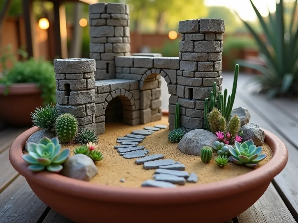 Medieval Desert Castle Succulent Garden - A mesmerizing miniature desert garden at dusk, featuring a weathered stone castle ruin crafted from grey limestone blocks. The castle's diminutive towers and archways are partially covered in sand, creating an ancient abandoned atmosphere. Small barrel cacti and echeveria clusters emerge between the castle walls, while tiny flowering desert plants dot the landscape. A delicate stone bridge spans a dry riverbed filled with golden sand. The scene is photographed from a low angle, with the fading sunlight casting long shadows across the miniature desert fortress, creating a magical, otherworldly atmosphere. Shot with soft depth of field highlighting the intricate details of the stonework and succulents. The garden is contained within a large weathered terracotta planter on a rustic wooden deck, with subtle landscape lighting adding warmth to the scene.