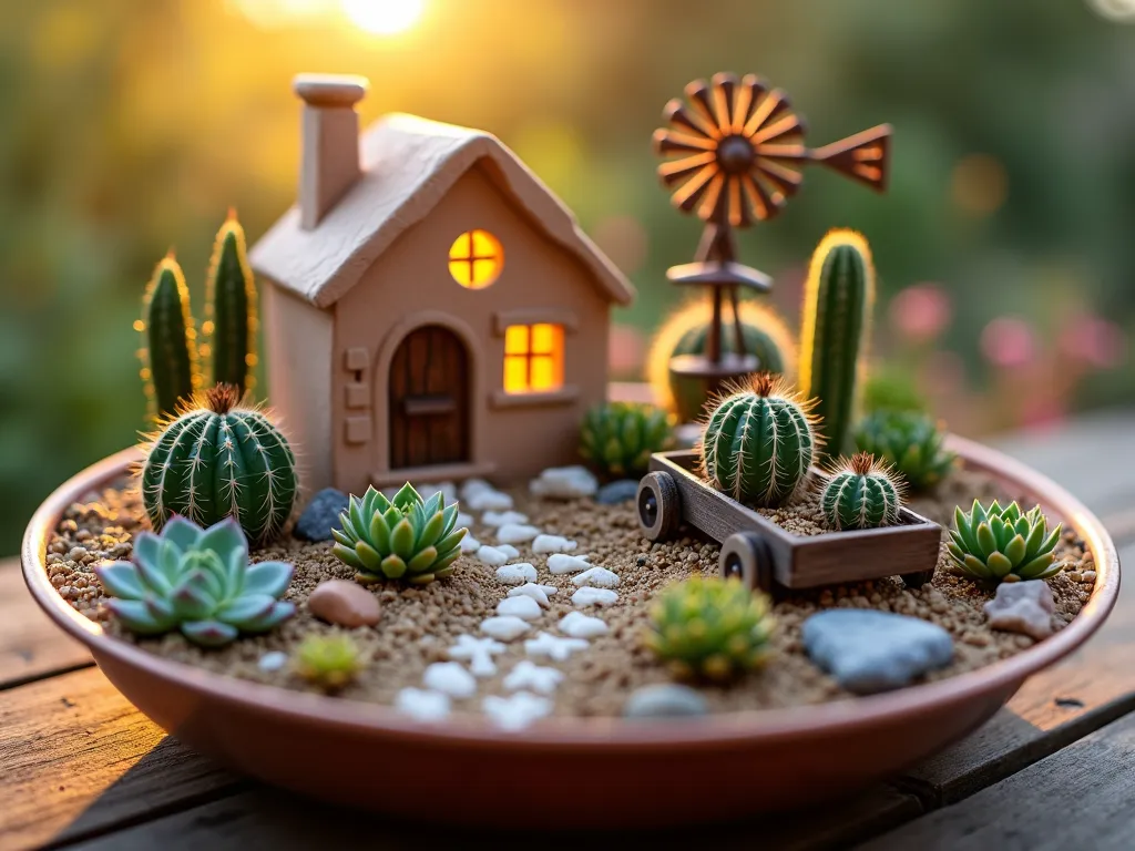 Enchanting Mini Desert Fairy Garden at Sunset - A magical miniature desert fairy garden photographed at golden hour with soft, warm sunlight casting long shadows. A charming handcrafted adobe-style fairy house with tiny glowing windows sits nestled among small, carefully arranged cacti including barrel cacti and echeveria. A winding pebble pathway leads through the garden, bordered by miniature succulents and desert flowers. A rustic miniature windmill gently spins in the background, while a weathered tiny wagon filled with tiny potted cacti adds whimsical charm. Small crystal geodes and polished desert stones create natural focal points, with fine sand and crushed terra cotta creating an authentic desert base. Shot from a low angle with selective focus, capturing intricate details while maintaining the magical atmosphere. The scene is set in a decorative copper container positioned on a weathered wooden garden table, with soft bokeh effects in the background suggesting a larger garden setting. DSLR, f/8, ISO 100, 1/125s, natural sunset lighting.