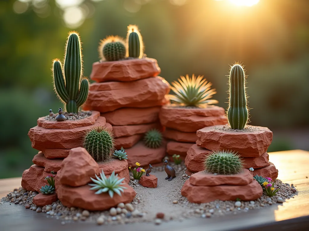 Desert Mesa Terrarium Garden - A close-up shot of a beautifully crafted miniature desert mesa garden at sunset, captured with a digital camera, 16-35mm lens at f/2.8, ISO 400. Layered red and orange sandstone creates a dramatic stepped terrain effect, with tiny barrel cacti, mammillaria, and echeveria strategically placed at different heights. Golden evening light casts long shadows across the miniature landscape, highlighting the texture of the rocks. Small desert figurines including a roadrunner and jackrabbit add whimsical authenticity. The arrangement sits on a rustic wooden patio table, with a blurred natural garden background. Fine sand and small pebbles complete the desert aesthetic, while tiny desert wildflowers add pops of color between the rocks.