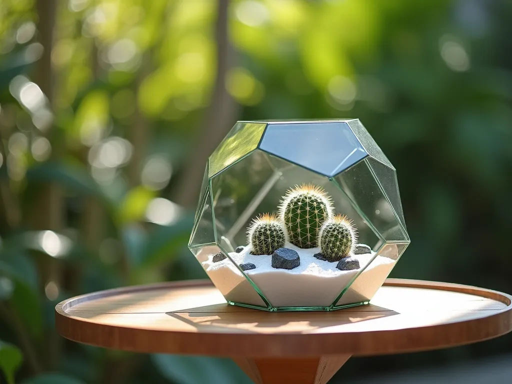 Modern Desktop Cactus Terrarium in Garden Setting - A stunning close-up shot of a hexagonal glass terrarium positioned on a sleek outdoor teak side table against a blurred garden backdrop. The terrarium features three perfectly arranged miniature barrel cacti of varying heights, nestled in pristine white sand. Angular black and grey stones create geometric patterns around the cacti base. Natural morning sunlight filters through the crystalline glass structure, casting prismatic shadows across the white sand. The terrarium's clean lines and modern design contrast beautifully with the soft-focus tropical foliage in the background. Shot with shallow depth of field focusing on the terrarium detail, while maintaining the connection to the outdoor garden setting. Professional lighting emphasizes the geometric patterns and creates subtle reflections on the glass surfaces.