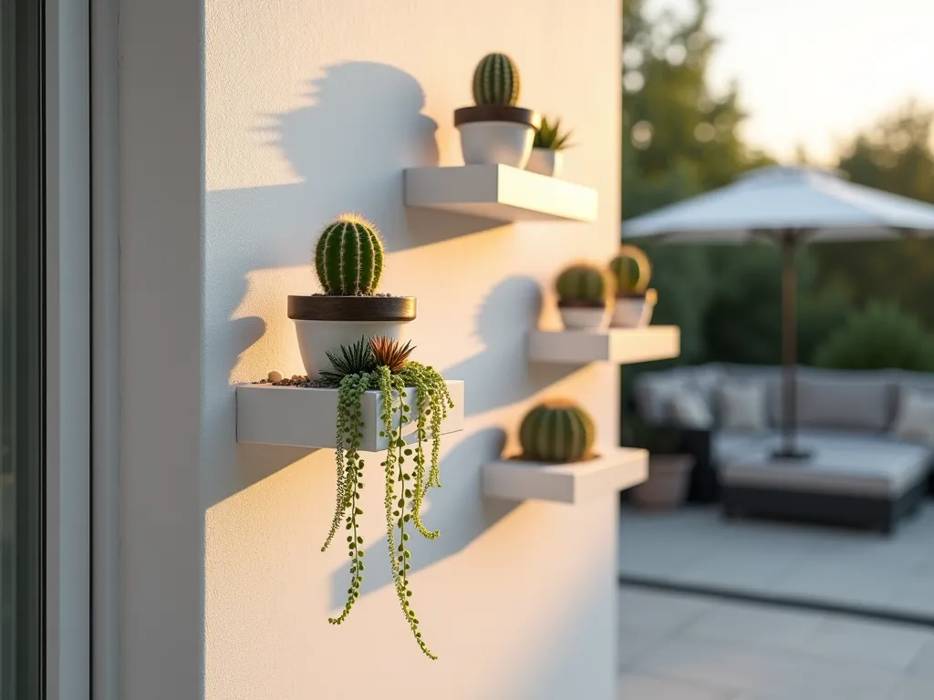 Modern Floating Shelf Cactus Display - A close-up shot of three white minimalist floating shelves mounted on a light gray exterior wall, photographed during golden hour. Each shelf displays carefully arranged small cacti in matching white ceramic pots. The shelves are staggered at different heights, creating visual interest. The late afternoon sun casts gentle shadows, highlighting the sculptural shapes of various cacti species including barrel cactus, hedgehog cactus, and ball cactus. The bottom shelf features a trailing string of pearls succulent cascading over the edge. Shot with a shallow depth of field emphasizing the textural details of the cacti spines and ridges. A modern patio setting is softly visible in the background, with clean lines and contemporary furniture.