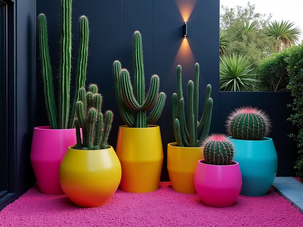 Modern Neon Cactus Garden Display - Wide-angle twilight shot of a contemporary urban patio corner featuring a striking arrangement of various-sized cacti in bold neon pink, electric yellow, and vibrant turquoise geometric pots. The cacti collection includes tall Saguaro, barrel cacti, and star-shaped Euphorbia, creating dramatic silhouettes against a dark charcoal wall. Hot pink crushed glass gravel creates a reflective base, while strategic LED uplighting casts dramatic shadows. Photographed with shallow depth of field emphasizing the sculptural qualities of the cacti and the glossy finish of the modern containers. 16-35mm lens at f/2.8, ISO 400 captures the interplay of natural and artificial light.