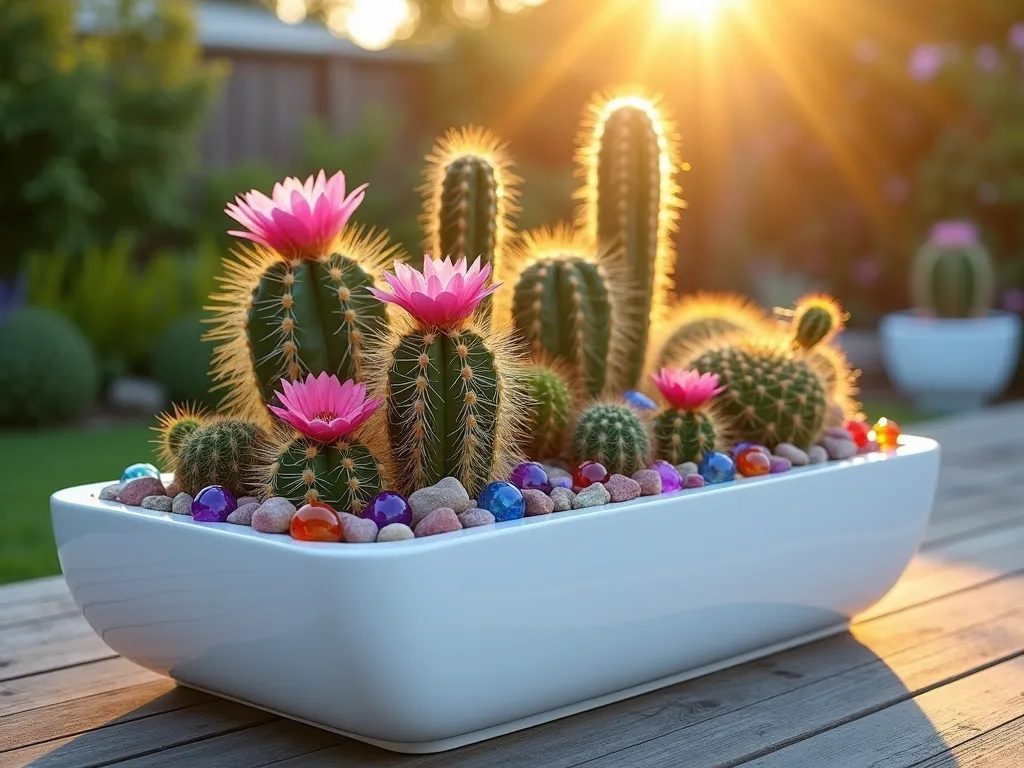 Modern Rainbow Cactus Display at Dawn - A close-up DSLR photograph of a sleek, rectangular white modern planter showcasing a vibrant collection of colorful cacti, captured during golden dawn light. The arrangement features Ferocactus with golden spines, pink-flowering Mammillaria, and purple-tinted Opuntia microdasys. Scattered artistic colored glass pieces in jewel tones catch the morning light between the cacti, creating prismatic reflections. The planter sits on a contemporary wooden deck with a blurred garden background. Shot with a wide-angle lens at f/8, ISO 100, emphasizing the intricate details of the spines and the interplay of colors. Soft morning mist adds an ethereal quality to the scene.