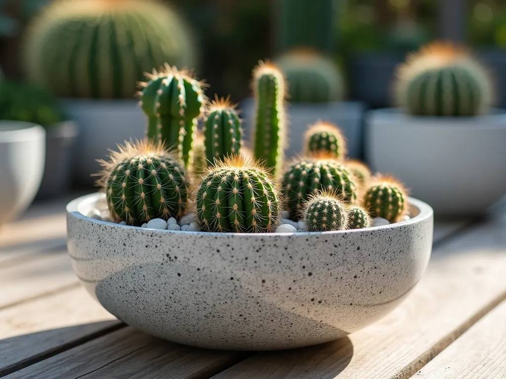 Modern Terrazzo Cactus Bowl Garden - Close-up shot of a sleek, contemporary terrazzo bowl featuring a striking speckled gray and white pattern, artfully arranged with a collection of small cacti. The bowl showcases diverse cactus species with varying heights and textures, including barrel cacti, star cacti, and columnar cacti, their spines creating intricate patterns that echo the terrazzo's speckling. Soft late afternoon sunlight casts gentle shadows, highlighting the natural textures of both the container and plants. The arrangement is positioned on a modern wooden deck, with a blurred background showing additional outdoor planters. Shot with a shallow depth of field at f/2.8, emphasizing the beautiful contrast between the smooth terrazzo finish and the sharp cactus forms.