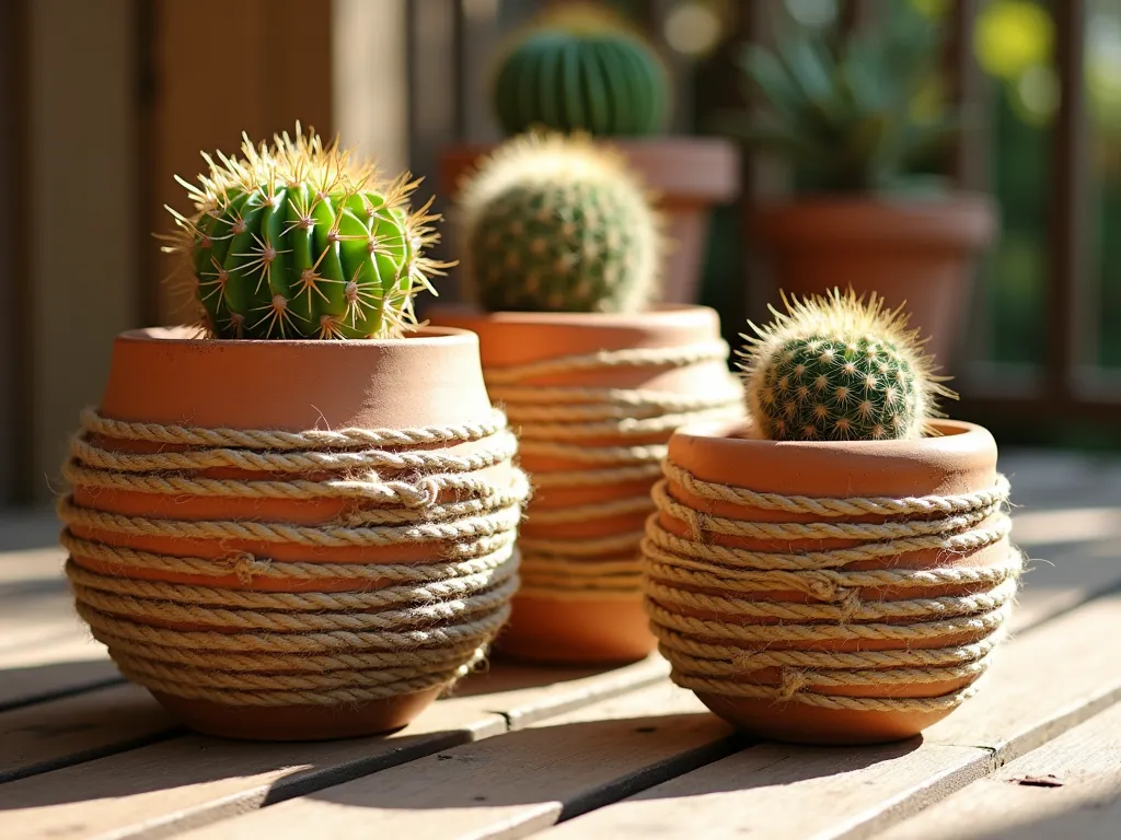 Nautical Rope-Wrapped Cactus Container Garden - Close-up shot of three rustic terracotta containers wrapped in natural sisal rope in varying patterns, arranged on a sun-drenched wooden deck. The containers, in graduated sizes, showcase a collection of small desert cacti including barrel cactus, echeveria, and golden ball cactus. The rope wrapping features intricate crosshatch patterns and horizontal coils, creating rich textural contrast against the smooth pottery. Golden afternoon sunlight casts dramatic shadows, highlighting the containers' textures and the cacti's sculptural forms. Shot with shallow depth of field focusing on the rope detail and succulent arrangements. 16-35mm lens at f/2.8, ISO 400.