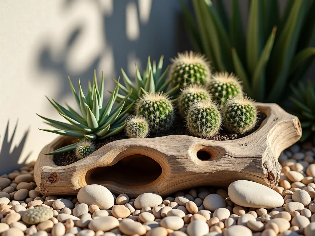 Rustic Driftwood Cactus Garden Display - Close-up shot of a weathered, sun-bleached driftwood log artfully arranged in a modern backyard patio corner. The hollow sections of the driftwood cradle small barrel cacti and echeveria succulents, while delicate air plants cascade from natural crevices. Small polished river rocks and desert pebbles in various earth tones are scattered around the base. Late afternoon sunlight casts long shadows, highlighting the intricate textures of both wood and cacti. The natural, organic arrangement is set against a simplified background of light-colored gravel and a contemporary concrete wall, creating a striking desert-inspired focal point. Photorealistic, high detail, soft natural lighting.