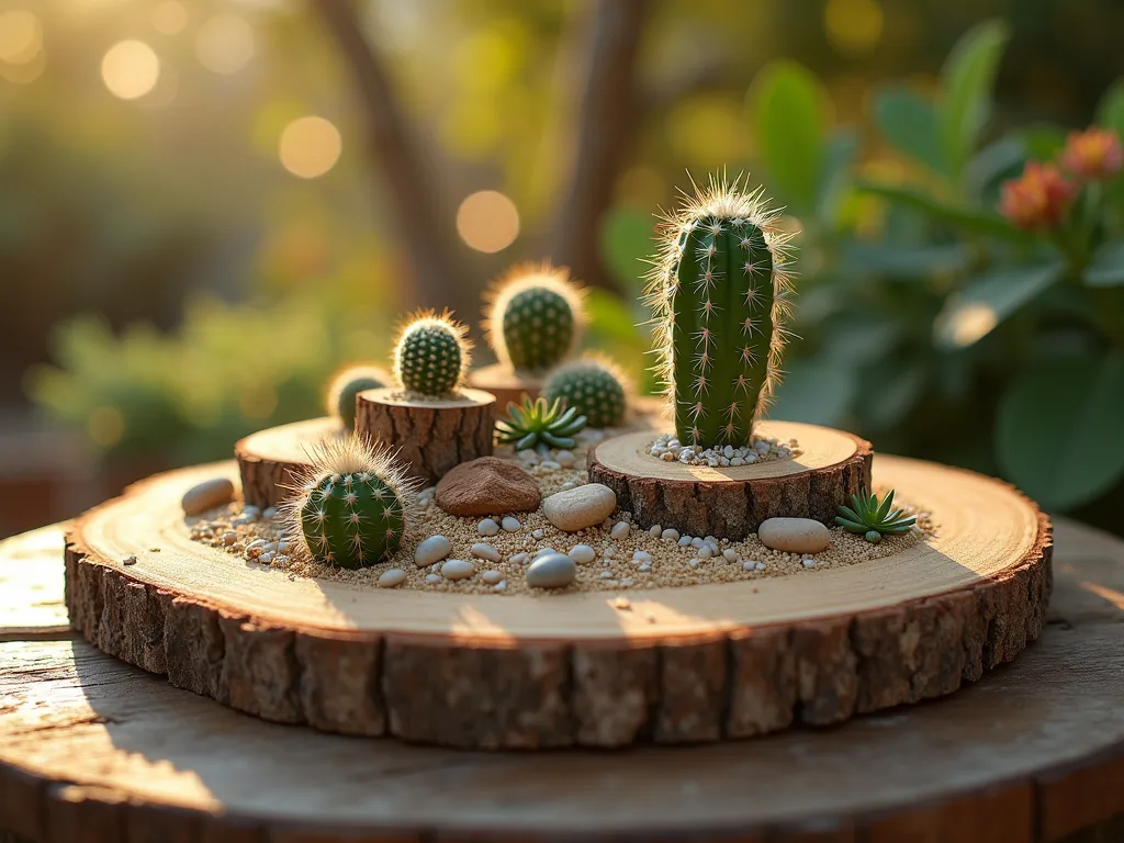 Rustic Wood Slice Cactus Garden Display - A close-up shot of an artistically arranged miniature cactus garden set on a large, weathered wood slice platform during golden hour. Multiple levels created by smaller wood rounds elevate various small cacti species. Fine desert sand and earth-toned pebbles cascade between levels, creating natural depth. Small air plants and tiny succulents add variety, while the warm sunlight casts gentle shadows across the natural wood grain. The garden is positioned on a rustic outdoor wooden side table on a cozy patio corner, with soft bokeh effects of a garden background. Photorealistic, detailed texture, atmospheric lighting, 85mm lens