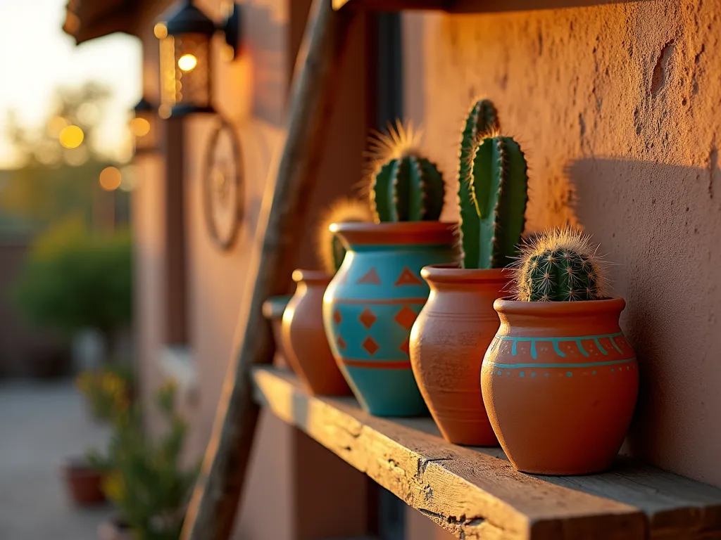 Southwest Terra Cotta Cactus Display - A close-up shot of artistically arranged terra cotta pots on a rustic wooden ladder shelf against an adobe wall, captured during golden hour. The pots, painted with vibrant Southwest patterns in turquoise and burnt orange, contain an assortment of cacti including barrel cactus, fairy castle cactus, and golden barrel cactus. Soft evening light casts long shadows across the textured pots, while a string of outdoor lights twinkles in the blurred background. Shot with shallow depth of field highlighting the intricate pot designs and spiny cactus details. A small authentic Native American dreamcatcher hangs beside the arrangement, adding cultural depth. 16-35mm lens at f/2.8, ISO 400, creating a warm, intimate atmosphere.