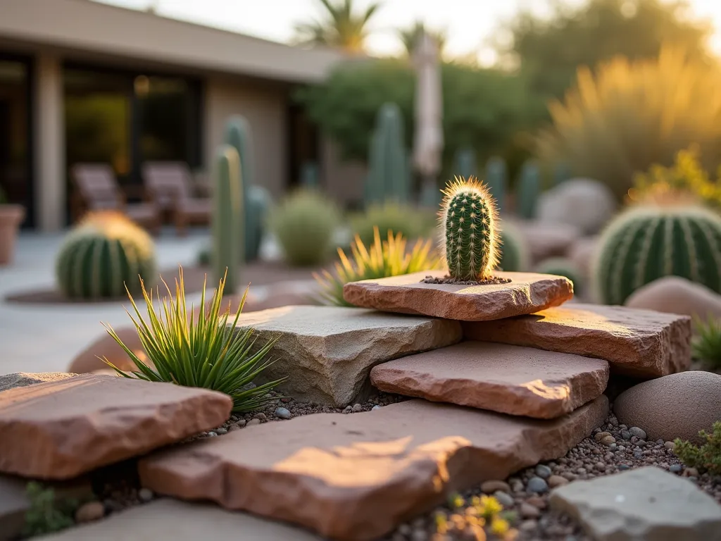 Desert-Inspired Stacked Stone Cactus Garden - A stunning close-up shot of an artistically arranged small cactus garden during golden hour, featuring naturally stacked flat desert stones creating multiple levels. Small barrel cacti, echeveria, and mini prickly pear emerge from the crevices between weathered sandstone slabs. The stones vary in earth tones from rust to sandy beige, creating a natural desert canyon aesthetic. Soft evening sunlight casts long shadows across the rocks, highlighting the textures of both stones and cacti. Shot with shallow depth of field focusing on a particularly striking arrangement where a small golden barrel cactus nestles perfectly between two angular stones. The background shows a blurred modern patio space with desert landscaping.