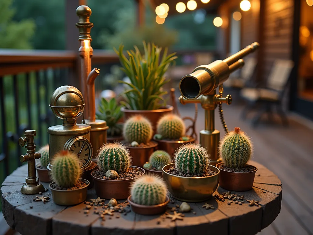 Steampunk Desert Garden at Dusk - Close-up shot of a mesmerizing small cactus garden on a rustic wooden deck, bathed in warm dusk light. Various small cacti, including barrel cacti and echeveria, are artfully arranged in weathered copper and brass containers. Vintage brass gears and clockwork pieces are scattered throughout, while a prominent antique brass telescope stands among the plants. Industrial-style copper pipes frame the arrangement, with steam-releasing valves creating a mystical atmosphere. Miniature brass pressure gauges and vintage compass decorations accent the scene, while warm LED lights cast intricate shadows through the metalwork. The background shows a blurred patio setting with Victorian-style iron furniture, captured with shallow depth of field at f/2.8.