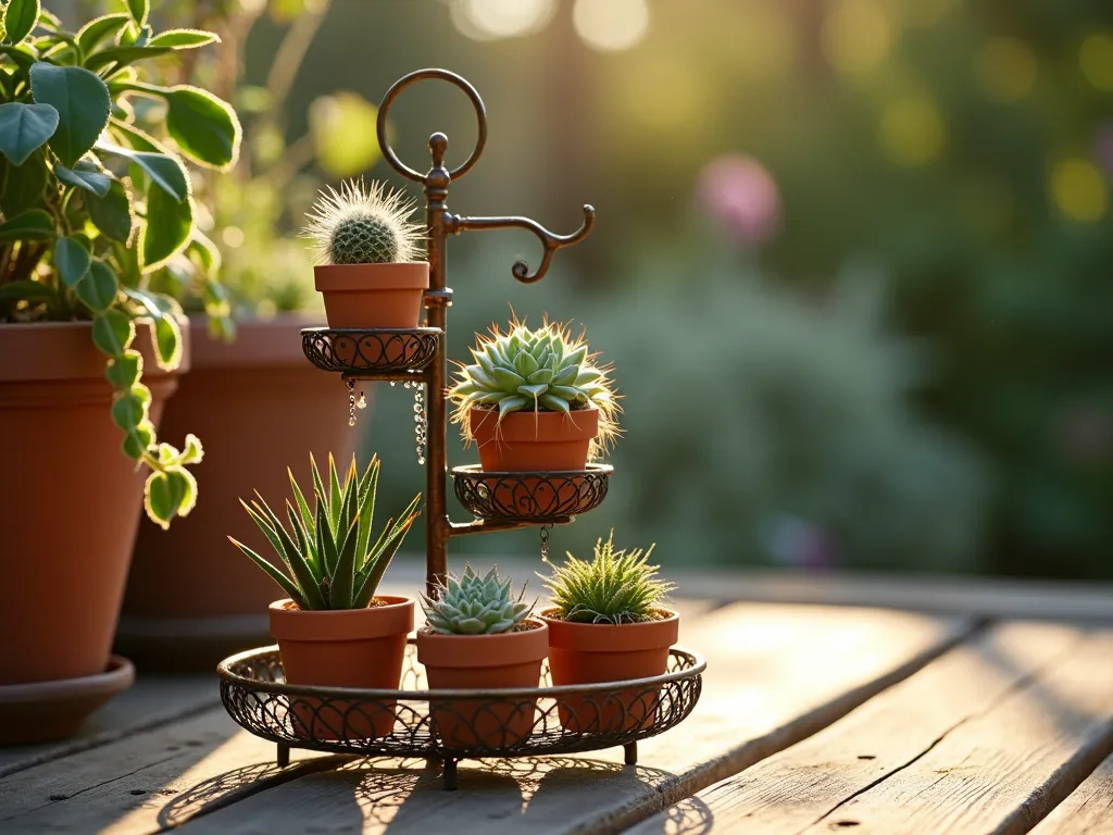 Rustic Tiered Wire Stand Cactus Display - A close-up shot of a charming 3-tier antique bronze wire stand on a weathered wooden deck, bathed in warm late afternoon sunlight. Small colorful ceramic pots containing diverse mini cacti arranged artistically across multiple levels. Delicate air plants nestled between pots, while trailing string of pearls and burro's tail succulents cascade elegantly from the upper tiers. Deep shadows cast intricate patterns through the wirework. Shot with shallow depth of field highlighting texture details in cacti spines. Natural bokeh effect in background showing blurred garden foliage. Professional DSLR photograph with perfect exposure and composition, f/8, ISO 100, 1/125