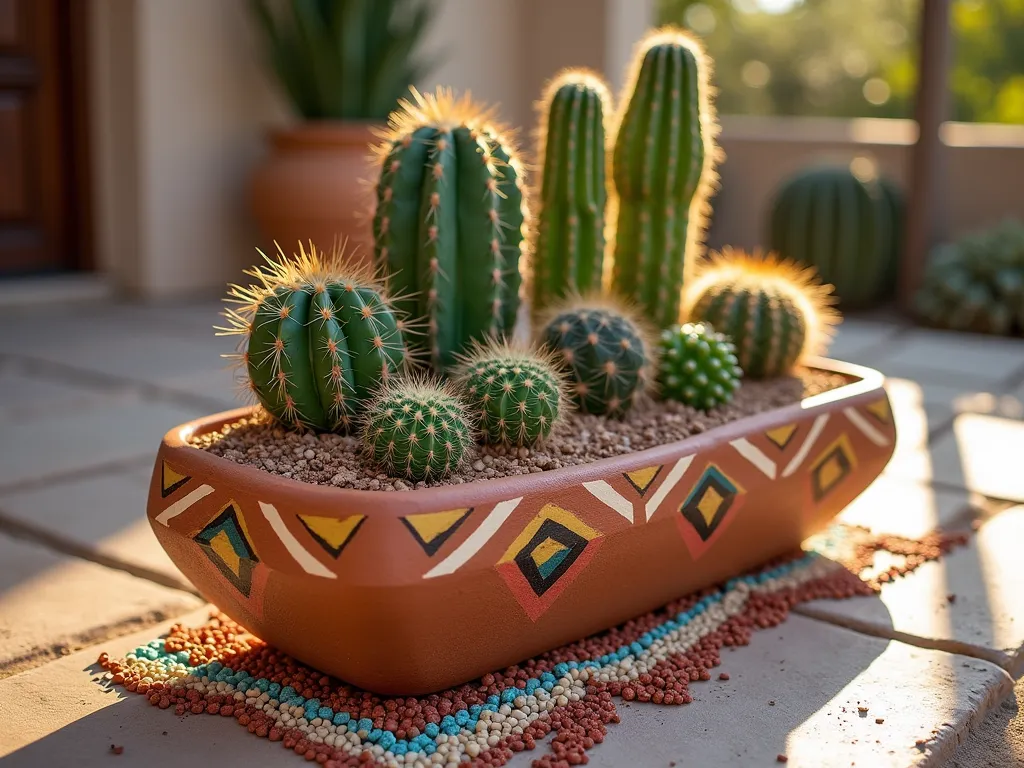 Southwestern Tribal Cactus Garden - A medium-shot photo of a stunning small cactus garden at golden hour, featuring a handcrafted terracotta planter adorned with intricate Native American geometric patterns in earth tones. The planter contains a thoughtfully arranged collection of small cacti and succulents. Below, colored gravel in rust red, sandy beige, and turquoise forms a striking zigzag pattern reminiscent of traditional tribal textiles. The garden is set against a natural stone patio backdrop, with soft sunset light casting long shadows across the decorative arrangement. Small barrel cacti, prickly pear, and echeveria are arranged at varying heights, creating depth and visual interest. The overall composition reflects authentic Southwestern desert aesthetics with a modern artistic twist.