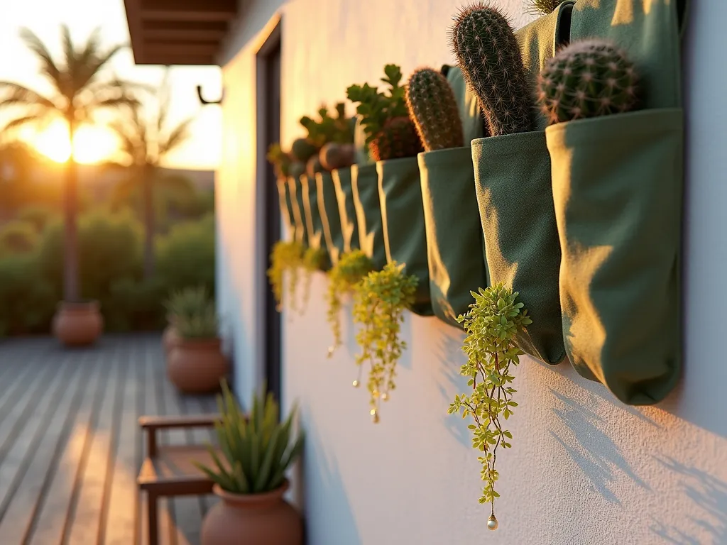 Vertical Cactus Pocket Garden Wall at Sunset - A close-up shot of a modern vertical garden wall at sunset, featuring fabric pocket planters filled with miniature cacti and succulents. The wall displays a stunning arrangement of small barrel cacti, jade plants, and trailing string of pearls cascading downward. The fabric pockets are arranged in an artistic pattern against a textured white wall, creating depth and visual interest. Golden hour sunlight casts dramatic shadows across the living wall, highlighting the unique textures and shapes of the desert plants. The bottom of the frame shows a contemporary wooden deck with modern outdoor furniture, providing scale and context.