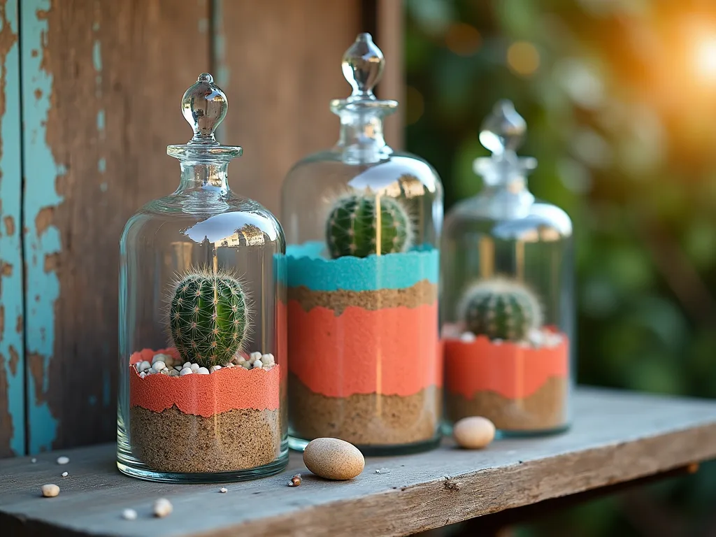 Vintage Apothecary Cactus Collection - Close-up shot of three elegant vintage glass apothecary jars of varying heights arranged on a weathered wooden outdoor shelf against a rustic garden wall. Each jar contains miniature desert cacti species layered with vibrant coral, turquoise, and natural sand gradients. Handwritten botanical labels with flowing calligraphy adorn each jar. Soft golden hour lighting filters through the glass, creating magical prisms and shadows. Small decorative stones and desert minerals add texture at each layer. Shot with shallow depth of field highlighting the center jar, 16-35mm lens at f/2.8, ISO 400.