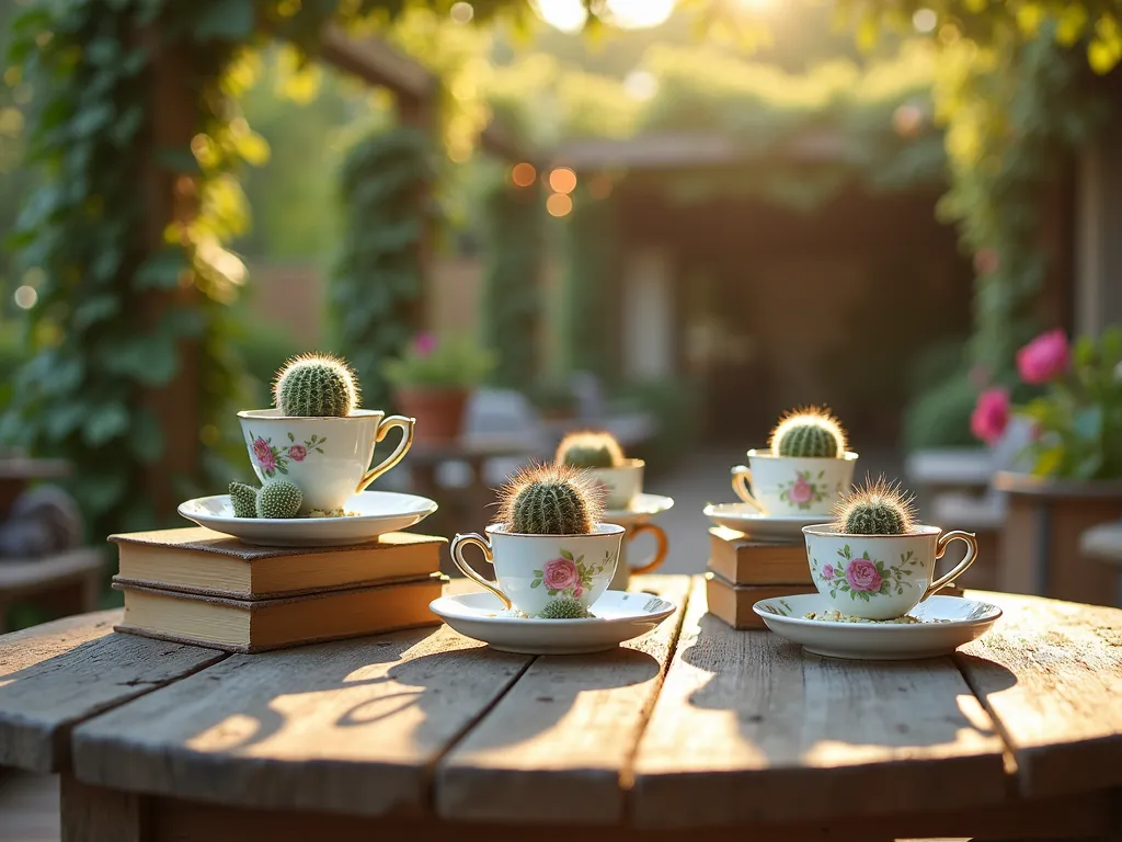 Vintage Teacup Cactus Garden Display - Close-up shot of an elegant outdoor garden table setting at golden hour, featuring a collection of vintage porcelain teacups arranged on a weathered wooden table. Each teacup showcases delicate floral patterns in soft pastels and contains miniature ball cacti and star-shaped cacti. Dappled sunlight filters through nearby trees, creating a warm, enchanting atmosphere. The teacups are staged at different heights using antique books and small wooden crates, creating visual interest. The background shows a blurred patio setting with climbing vines and string lights, adding depth and ambiance to the scene. The composition emphasizes the intricate details of both the teacups and the carefully placed succulents, with some small pebbles and decorative sand visible around the base of the cacti.