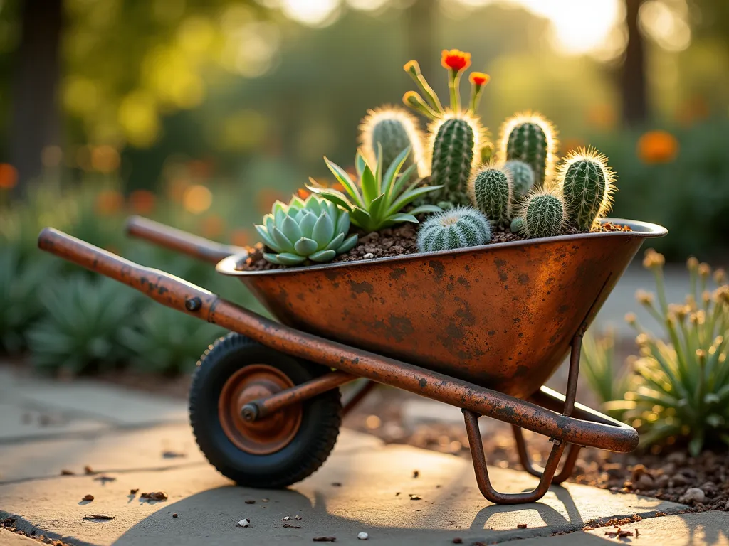 Rustic Wheelbarrow Cactus Display - A close-up shot of a weathered, vintage copper wheelbarrow filled with an artfully arranged collection of small cacti and succulents, captured during golden hour. The rustic metal shows beautiful patina patterns, while various cacti species including barrel cactus, prickly pear, and echeveria create a stunning textural contrast. Soft, warm sunlight filters through the scene, casting long shadows and highlighting the spines of the cacti. The wheelbarrow sits on a natural stone patio corner, with some trailing succulents gracefully spilling over the edges. Shot with shallow depth of field to create dreamy bokeh effect in the garden background. Professional DSLR photography, f/8, ISO 100, 1/125s, natural lighting.