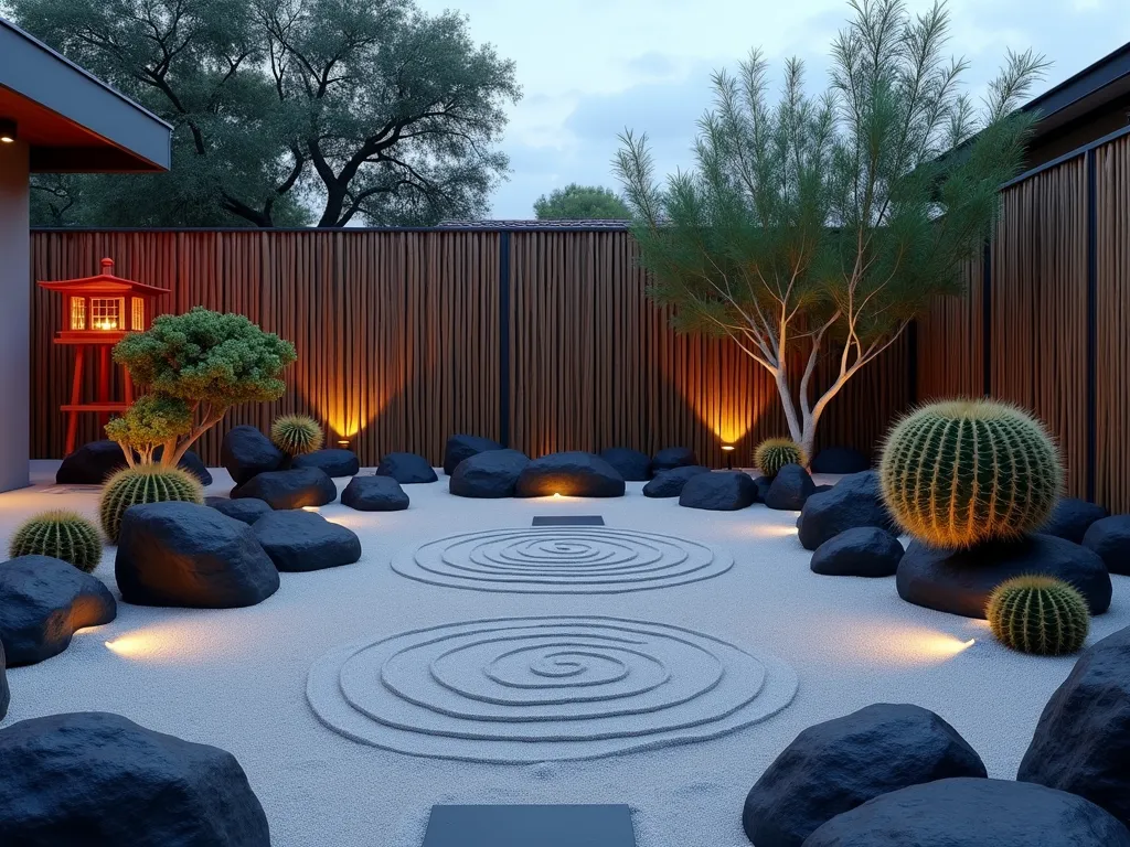 Tranquil Asian-Inspired Desert Garden at Dusk - A serene wide-angle shot of a minimalist Zen-inspired desert garden at dusk, featuring carefully positioned barrel cacti and small succulents arranged among smooth black river rocks. A small red wooden pagoda lantern casts soft shadows, while traditional bamboo fencing creates a peaceful backdrop. Perfectly raked concentric circles in white sand surround the cacti, creating mesmerizing patterns. Low-voltage landscape lighting gently illuminates the scene, highlighting the sculptural shapes of the desert plants. A simple stone pathway leads through the garden, with small bonsai-styled prickly pear cacti adding architectural interest. The composition balances Japanese simplicity with desert ecology in a modern backyard setting.