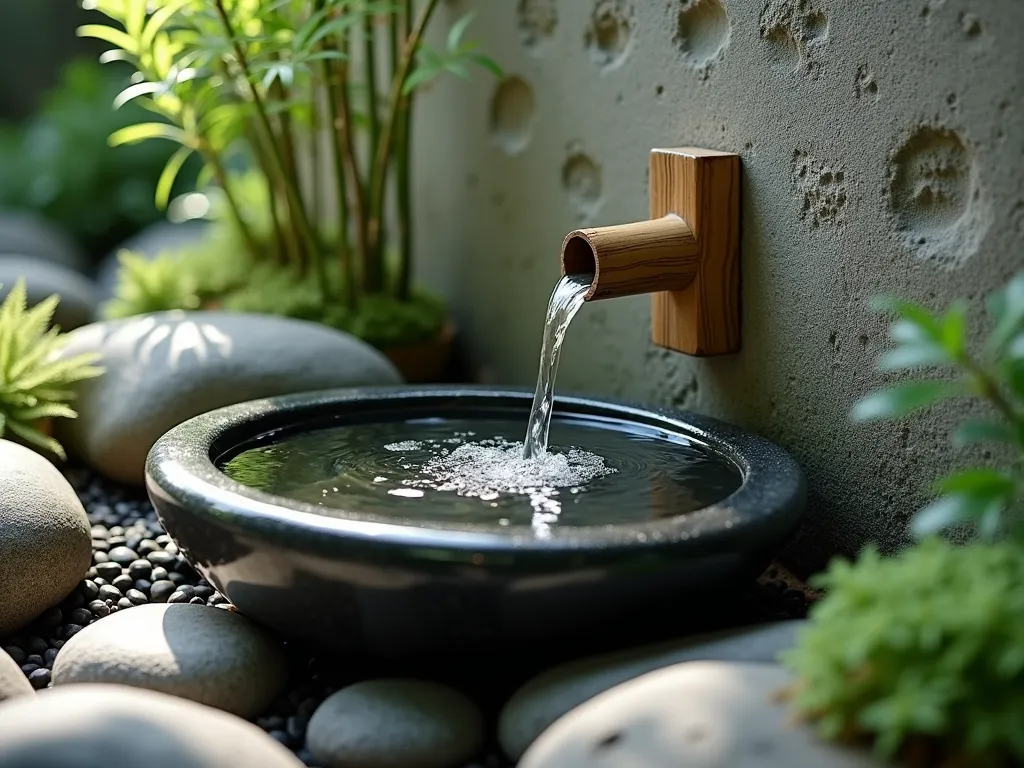 Serene Bamboo Water Spout in Chinese Garden - A tranquil Chinese garden scene featuring a traditional bamboo water spout mounted on a weathered stone wall, pouring crystal-clear water into a dark granite basin surrounded by smooth river rocks. The water creates gentle ripples in the basin, with soft afternoon light casting subtle shadows. Dwarf bamboo plants frame the scene, while delicate ferns and moss grow between the stones. The composition is intimate and peaceful, capturing the essence of a small meditation space with natural textures and flowing water.