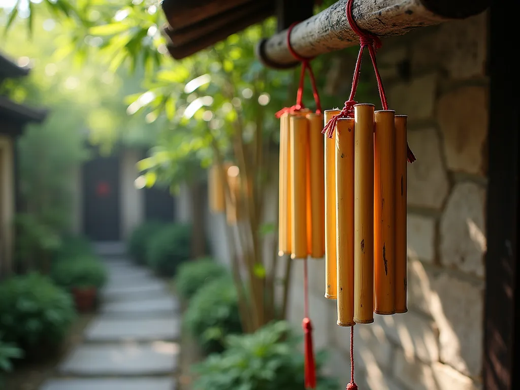 Serene Bamboo Wind Chimes in Garden Setting - A tranquil close-up photograph of traditional bamboo wind chimes hanging from a weathered wooden beam in a small Chinese garden, soft natural lighting filtering through bamboo leaves in the background, creating a peaceful atmosphere. The wind chimes are made of hollow golden-brown bamboo tubes of varying lengths, tied with red silk cords. Delicate shadows dance on a nearby stone wall covered in climbing jasmine, while a gentle breeze visibly moves the chimes. The scene is captured with shallow depth of field, creating a dreamy, atmospheric quality.