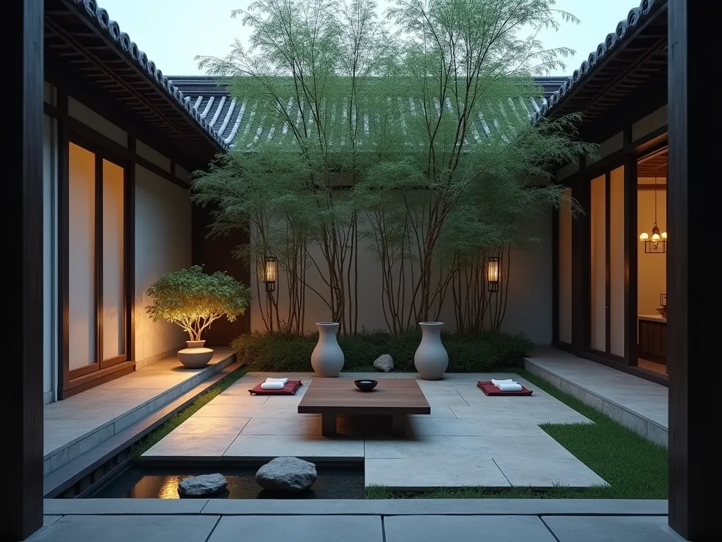 Serene Chinese Tea Garden Courtyard - A tranquil Chinese courtyard garden setting at dusk, featuring a low wooden tea table with traditional cushions on a natural stone platform. Tall, elegant potted bamboo creates a living privacy screen around the intimate space. Minimal stone lanterns provide soft lighting. A small stone water feature gently trickles nearby. The scene is captured in a cinematic style with gentle natural lighting and subtle mist, emphasizing the peaceful atmosphere of the tea ceremony space. Traditional Chinese architectural elements frame the background, with decorative roof tiles visible. The composition follows the rule of thirds with careful attention to negative space, creating a zen-like balance.