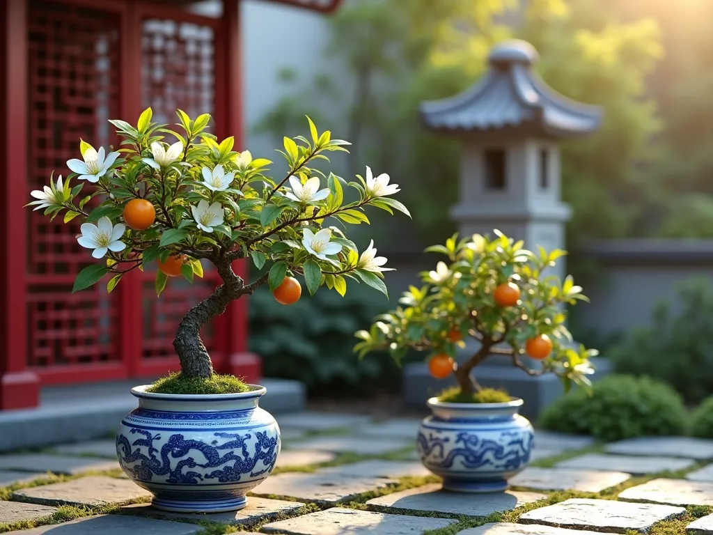 Tranquil Chinese Dwarf Fruit Tree Garden - A serene small Chinese garden setting with three dwarf fruit trees in ornate ceramic containers, featuring a blooming dwarf plum tree and two miniature citrus trees arranged asymmetrically on a stone paved area. The trees are planted in traditional blue and white Chinese porcelain planters with dragon motifs. Soft evening light illuminates delicate white plum blossoms and small orange fruits. A decorative red wooden trellis and carved stone lantern complete the background. The scene is accented with natural stone pavers and patches of moss between them, creating a harmonious balance in the traditional Chinese garden style. Photorealistic, high detail, soft lighting.