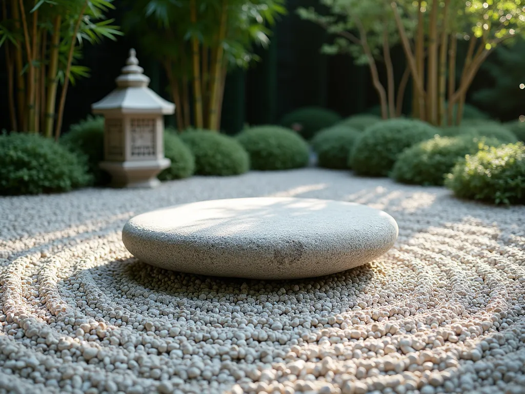 Zen Stone Meditation Corner - A serene Chinese garden corner featuring a large, smooth flat granite stone as a meditation seat, surrounded by a sea of small white and gray pebbles in circular patterns. Minimal plantings of dwarf bamboo and delicate ferns frame the scene. Soft, natural lighting creates gentle shadows, while a single weathered stone lantern adds traditional authenticity. The composition is peaceful and minimalist, with muted earth tones and subtle green accents.