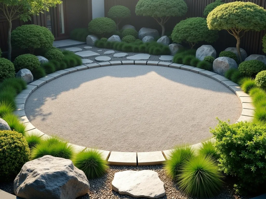 Zen Meditation Circle in Chinese Garden - A serene circular meditation space in a small Chinese garden, photographed from a high angle. The circle is formed by light-colored gravel and natural stone pavers arranged in a perfect circle. Japanese forest grass and dwarf mondo grass line the perimeter, creating a soft green border. Small weathered rocks and carefully placed granite stones add texture. Dwarf Japanese maples and compact boxwood shrubs frame the space. Early morning mist and gentle natural lighting create a peaceful atmosphere. Photorealistic, high detail, architectural photography style.