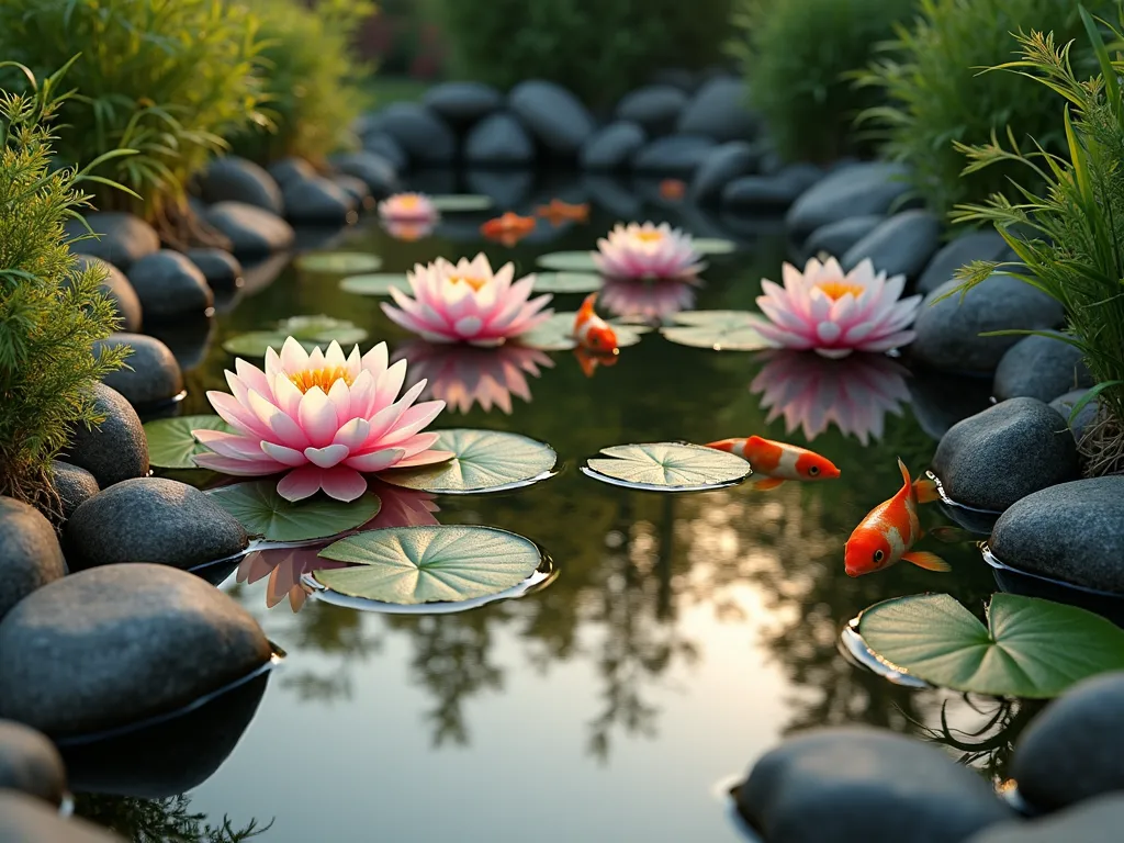 Serene Chinese Garden Miniature Fish Pond - A tranquil 3x4 foot garden pond in a traditional Chinese style, featuring crystal-clear water with blooming miniature water lilies in soft pink and white. Several bright orange and white goldfish swim gracefully beneath the lily pads. The pond is bordered by smooth river stones and small bamboo plants. Soft underwater LED lights create a magical glow, while delicate marginal plants like Japanese rush and miniature cattails provide natural filtration along the edges. The scene is captured during golden hour, creating beautiful reflections on the water's surface.