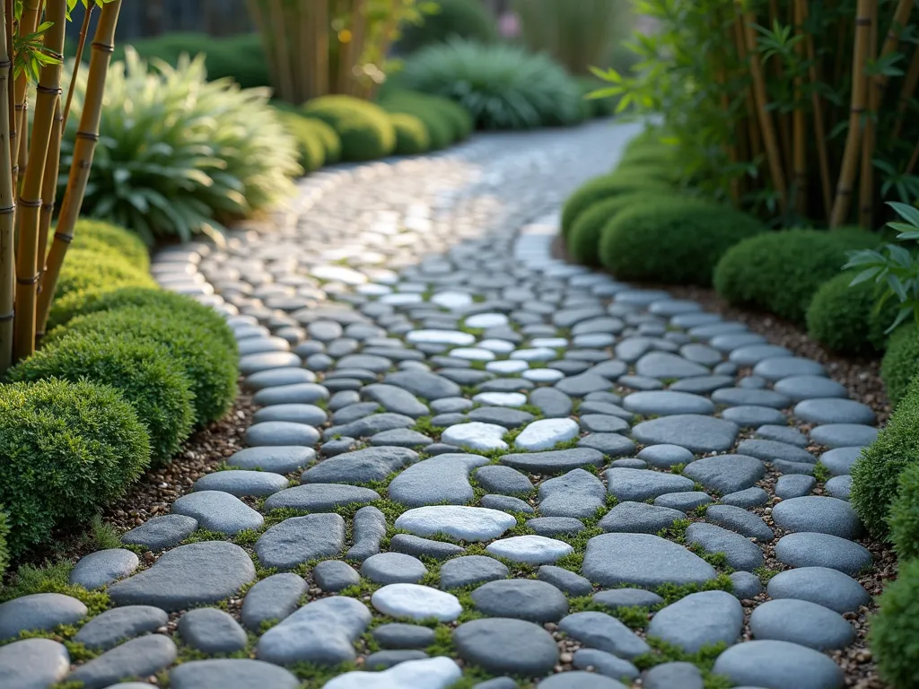 Tranquil Chinese Garden Pebble Path - A serene 2-foot-wide garden pathway made of smooth river pebbles arranged in a traditional Chinese yin-yang pattern, using light and dark stones. The mosaic path winds gracefully through a small garden space, with light gray and charcoal pebbles creating flowing cloud motifs. Delicate moss grows between some stones, adding an aged appearance. The path is bordered by small ornamental grasses and low-growing bamboo, photographed from a low angle with soft natural lighting casting subtle shadows across the intricate stone patterns, photorealistic style.