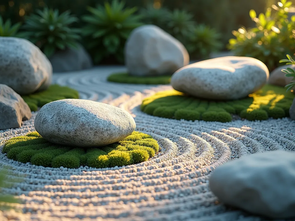 Serene Chinese Pocket Rock Garden - A tranquil 4x4 foot Chinese pocket garden featuring artfully arranged weathered limestone scholar rocks of varying sizes, resembling misty mountains. The rocks are set against a bed of light gray raked gravel in concentric patterns. Soft patches of emerald moss grow between the rocks, creating a natural contrast. Photographed from a low angle during golden hour, with soft shadows adding depth and mystery. Zen-like minimalist composition with traditional Chinese garden aesthetics. Hyperrealistic detail, 8k resolution.