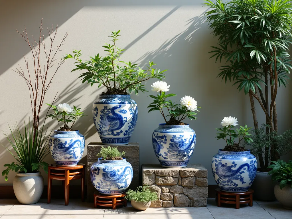 Traditional Chinese Porcelain Garden Display - A serene corner garden arrangement featuring elegant Ming-style blue and white porcelain pots of varying heights and sizes, artfully displayed on bamboo stands and stone pedestals. The pots contain flowing Chinese herbs like ginseng and chrysanthemums, alongside delicate white peonies. Soft natural lighting casts gentle shadows, while a weathered stone wall provides a textured backdrop. The arrangement follows traditional Chinese garden principles with careful asymmetry and layered heights. Detailed porcelain patterns are visible on the containers, with classic Chinese motifs of dragons and flowers. A small ornamental bamboo adds height to the background.