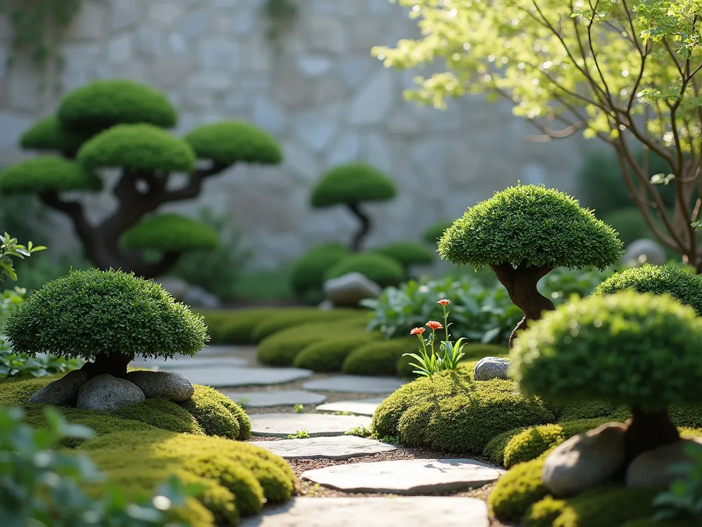 Cloud-Pruned Niwaki Garden Display - A serene small Chinese garden vignette featuring artistically cloud-pruned boxwood and holly shrubs in varying heights from 2-3 feet, meticulously shaped like miniature mountains and floating clouds. The shrubs are arranged against a subtle stone backdrop, with soft morning mist creating depth. Natural stone path and moss ground cover complete the peaceful scene. Photographed in gentle morning light with shallow depth of field.