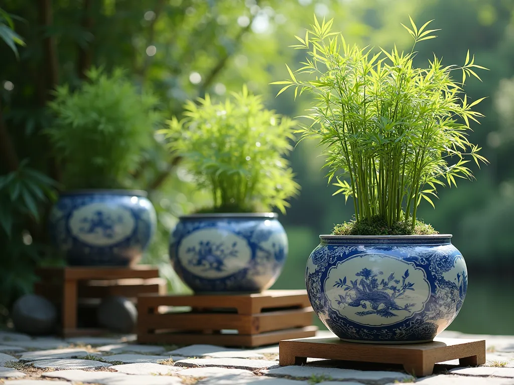 Elegant Container Bamboo Forest - A serene garden vignette featuring multiple elegant Chinese ceramic containers arranged at varying heights, filled with graceful dwarf Fargesia rufa bamboo. The bamboo stalks are delicate and emerald green, creating a layered forest effect. Soft natural lighting filters through the bamboo leaves, casting gentle shadows on the stone pavers below. The containers are decorated with traditional Chinese patterns in blue and white, placed on wooden pedestals of different heights. The composition is photographically realistic, showing the gentle movement of bamboo leaves in an implied breeze, with a shallow depth of field that creates a dreamy atmosphere.