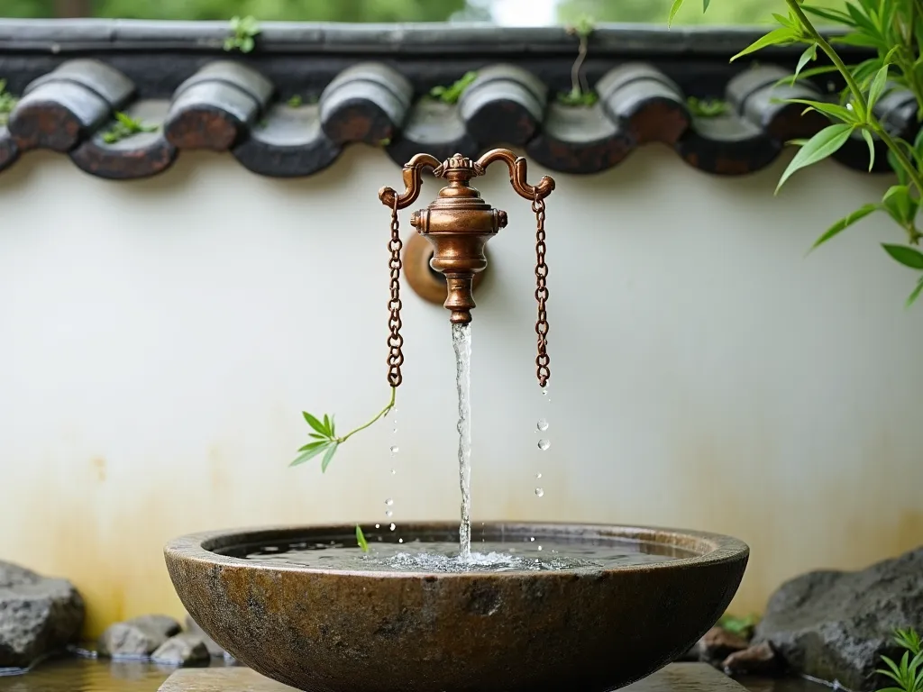 Copper Rain Chain in Chinese Garden - A serene close-up photograph of an ornate copper rain chain hanging against a white traditional Chinese garden wall, water elegantly cascading down its links during rainfall into a carved stone basin below. The basin is surrounded by small ornamental rocks and a single delicate bamboo shoot. Soft natural lighting emphasizes the warm copper tones and flowing water, creating a tranquil zen-like atmosphere. Architectural details include traditional Chinese roof tiles visible at the top edge.