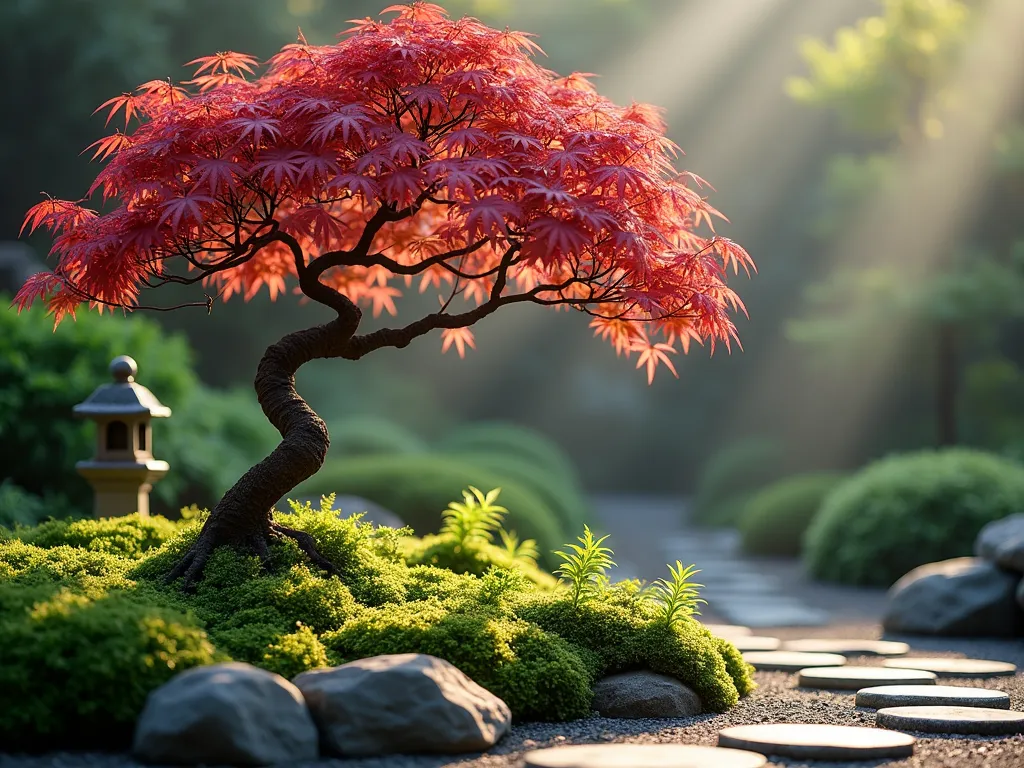 Dwarf Japanese Maple Garden Sanctuary - A serene garden vignette centered around a graceful dwarf Japanese maple with delicate crimson-red leaves, photographed in soft morning light. The tree's elegant branches cascade over a bed of emerald moss and tiny woodland ferns. Traditional Chinese garden elements like weathered stone pavers and a small granite lantern complement the scene. Captured with shallow depth of field, misty atmosphere, and natural bokeh effect, photograph style.