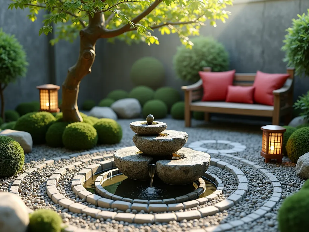 Zen Feng Shui Garden Corner - A serene small garden corner with perfect Feng Shui balance, featuring a carved stone bamboo fountain as the centerpiece, gently flowing water, surrounded by smooth river rocks and pebbles in spiral patterns. A handcrafted wooden meditation bench with red cushions sits beneath a small Japanese maple. Natural stone lanterns provide subtle lighting. Moss-covered rocks create depth and tranquility. The scene is captured in soft, morning light with gentle mist, photorealistic style, 8k quality, architectural photography