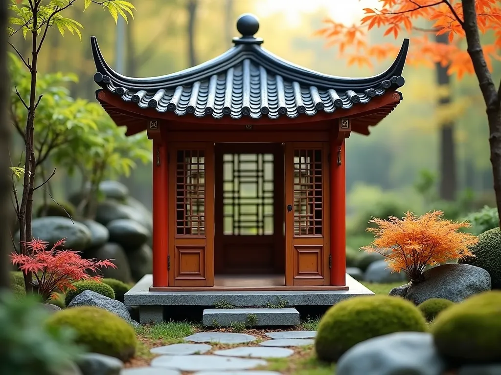 Intimate Chinese Garden Pavilion - A serene miniature Chinese pavilion in a small garden setting, featuring elegant upturned roof corners with traditional detailing and vermillion red pillars. The intimate wooden structure sits on a raised platform, just large enough for two people to meditate. Surrounded by dwarf Japanese maples, ornamental bamboo, and moss-covered rocks. Soft natural lighting filters through the trees, creating a peaceful atmosphere. The pavilion's intricate wooden lattice work and carved details are highlighted in traditional Chinese architectural style, with a small stone path leading to its entrance.