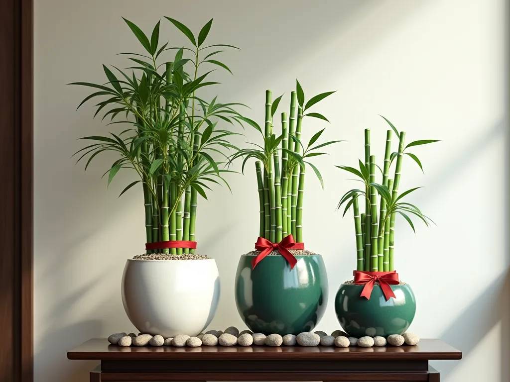 Elegant Lucky Bamboo Garden Display - A serene indoor display of Lucky Bamboo arranged in traditional Chinese style, featuring three elegant ceramic pots in varying heights of white and deep jade green. The bamboo stalks are meticulously arranged in groups of 3, 5, and 8, creating a harmonious ascending pattern. The pots sit on a polished dark wooden stand against a minimalist backdrop, with soft natural light filtering through. Red silk ribbons delicately tie some stalks, while small polished river stones cover the base of each pot, creating a zen-like atmosphere. The composition is photographed from a slight angle to showcase the varying heights and graceful curves of the bamboo stalks.