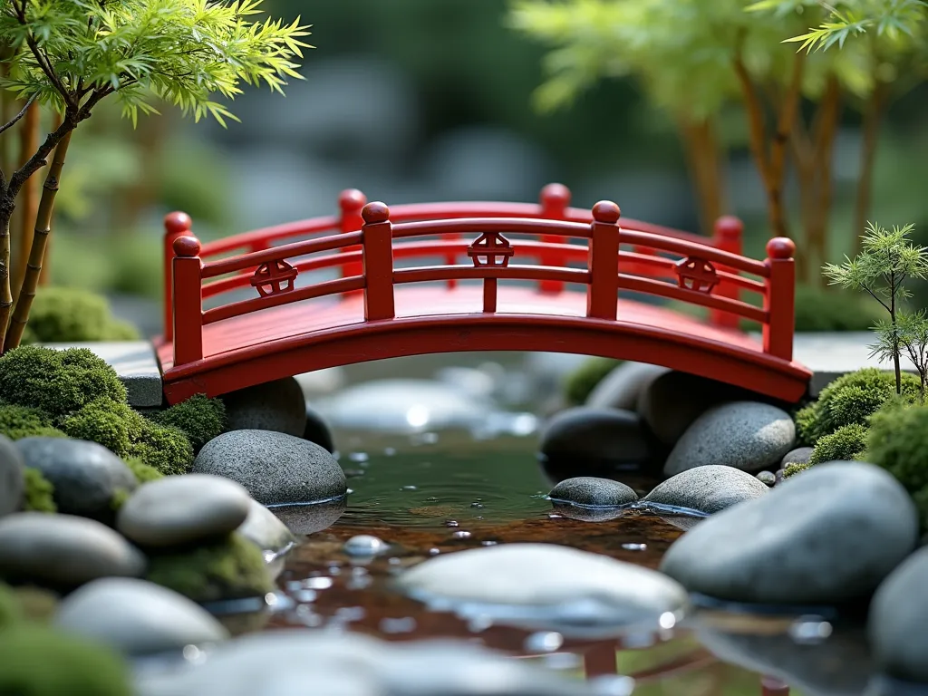 Elegant Mini Chinese Bridge Garden Feature - A serene small Chinese garden scene featuring a delicate 4-foot red wooden arched bridge spanning a carefully arranged dry riverbed of smooth polished river stones in varying gray tones. Miniature bamboo plants and small Japanese maples frame the bridge, creating subtle shadows on the stones below. The bridge is crafted in traditional Chinese style with ornate railings and rich vermillion finish, while moss-covered stones line the edges of the dry stream. Soft natural lighting creates a peaceful atmosphere, with the bridge reflecting in small water pools between the stones. Photorealistic, high detail, architectural photography style.