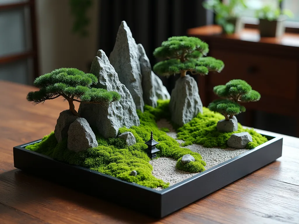 Miniature Chinese Mountain Garden Table Display - A serene miniature Chinese landscape garden displayed on an elegant dark wooden table, featuring carefully arranged small granite rocks forming mountain peaks, with lush green moss cascading down the slopes. Small juniper bonsai trees dot the landscape, creating a sense of scale. Soft natural lighting casts gentle shadows, enhancing the mountainous terrain. The scene is complemented by tiny paths winding through the mountains, and a small pagoda nestled among the peaks. The entire display is contained within a shallow, rectangular black ceramic tray with clean lines, photographed from a 45-degree angle to showcase the depth and artistry of the miniature landscape.