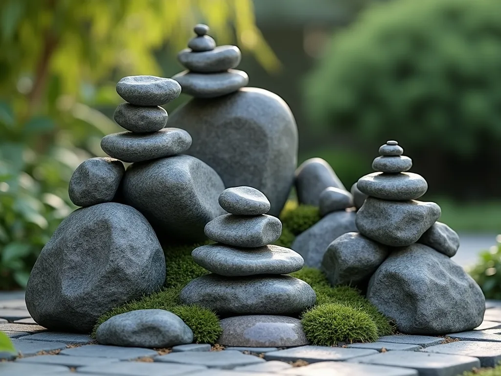 Miniature Rock Mountain in Chinese Garden - A serene 3x3 foot Chinese garden feature showcasing an artistically stacked miniature mountain made of weathered gray and charcoal rocks, ranging from large base stones to smaller accent pieces. The rocks have natural textures and crevices, creating a naturalistic mountainous formation. Soft moss grows between some rocks, adding an aged appearance. The scene is photographed from a low angle to create drama, with a subtle morning mist effect. Traditional Chinese garden aesthetic, photorealistic, detailed textures, zen atmosphere, dramatic lighting.